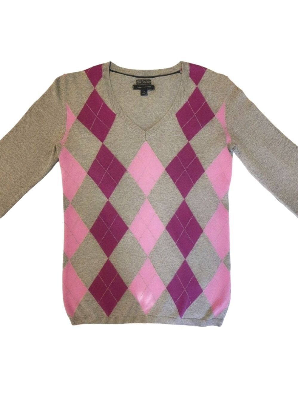 Tommy Hilfiger Y2K Argyle V-Neck Sweater Light Academia Pima Cotton Pink Small - Picture 2 of 8